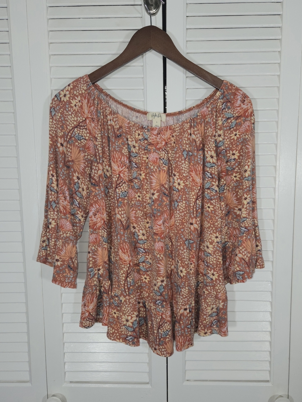 Style & Co Floral Peasant Peach Tones Boho Smocked Scooped Neck Blouse Sz L